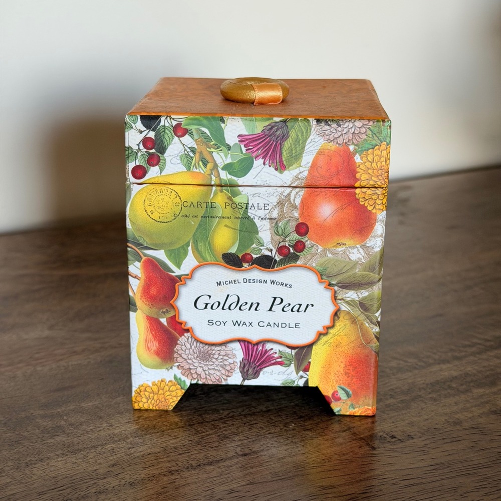 Michel Design Works Golden Pear Soy Wax Candle Gold Damask Frosted Glass‎ NEW